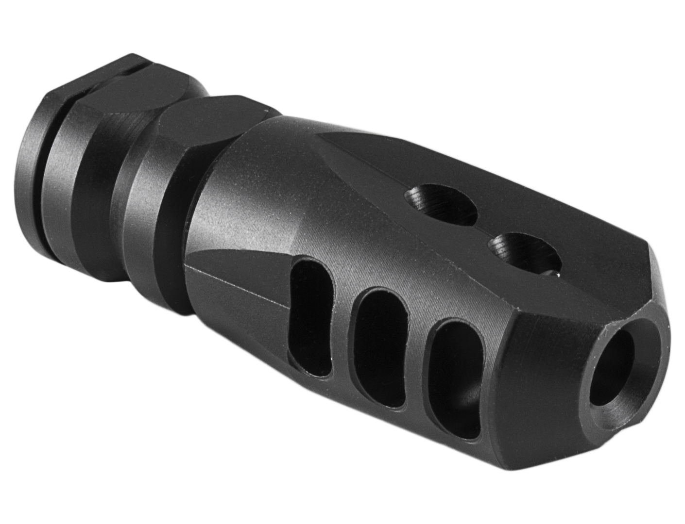 Black metal muzzle brake with side ports