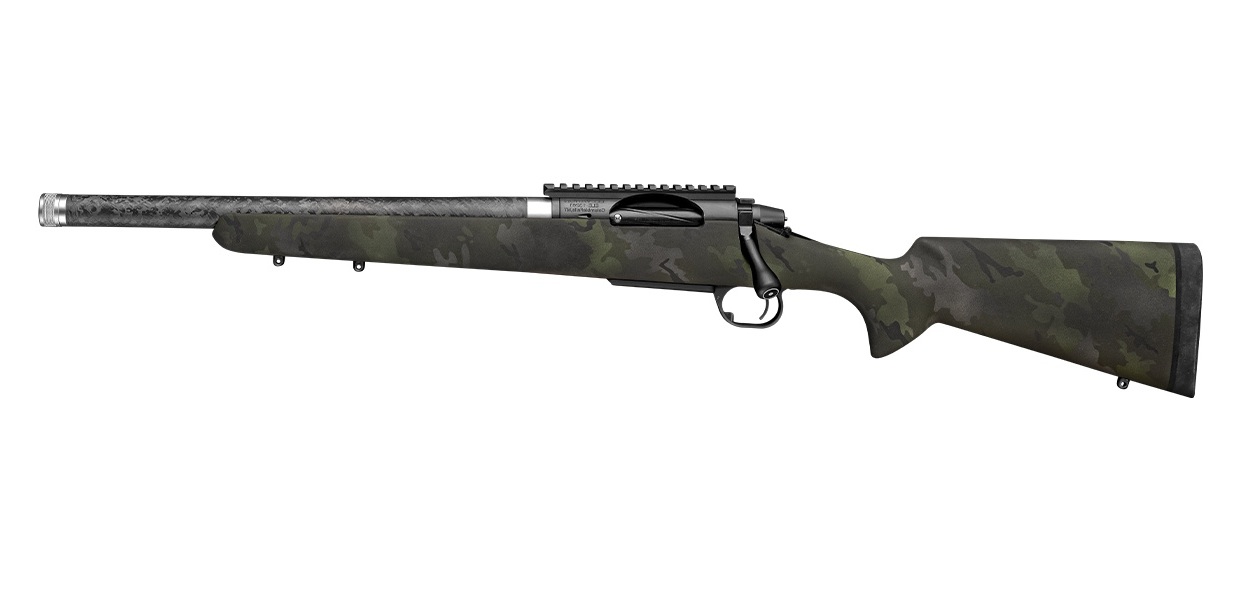 Camouflage bolt-action rifle with carbon fiber barrel