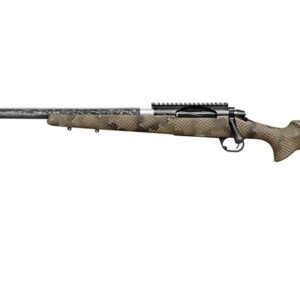 Bolt-action rifle with camouflage stock on white background
