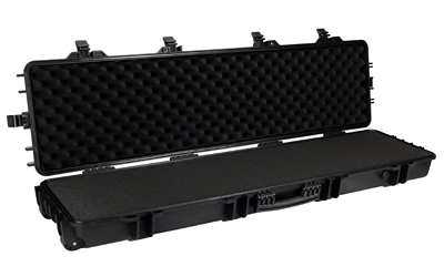 Open black hard rifle case with foam lining