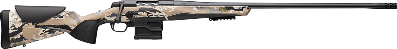 Camouflage bolt-action rifle with long barrel