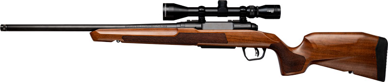 Scoped bolt-action rifle with wooden stock