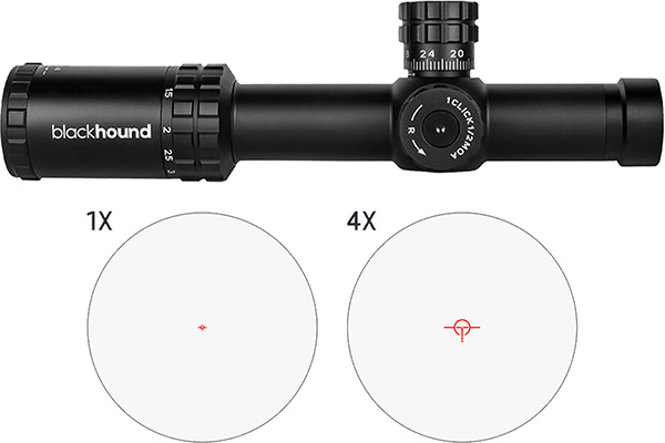 Blackhound rifle scope with 1x and 4x reticles