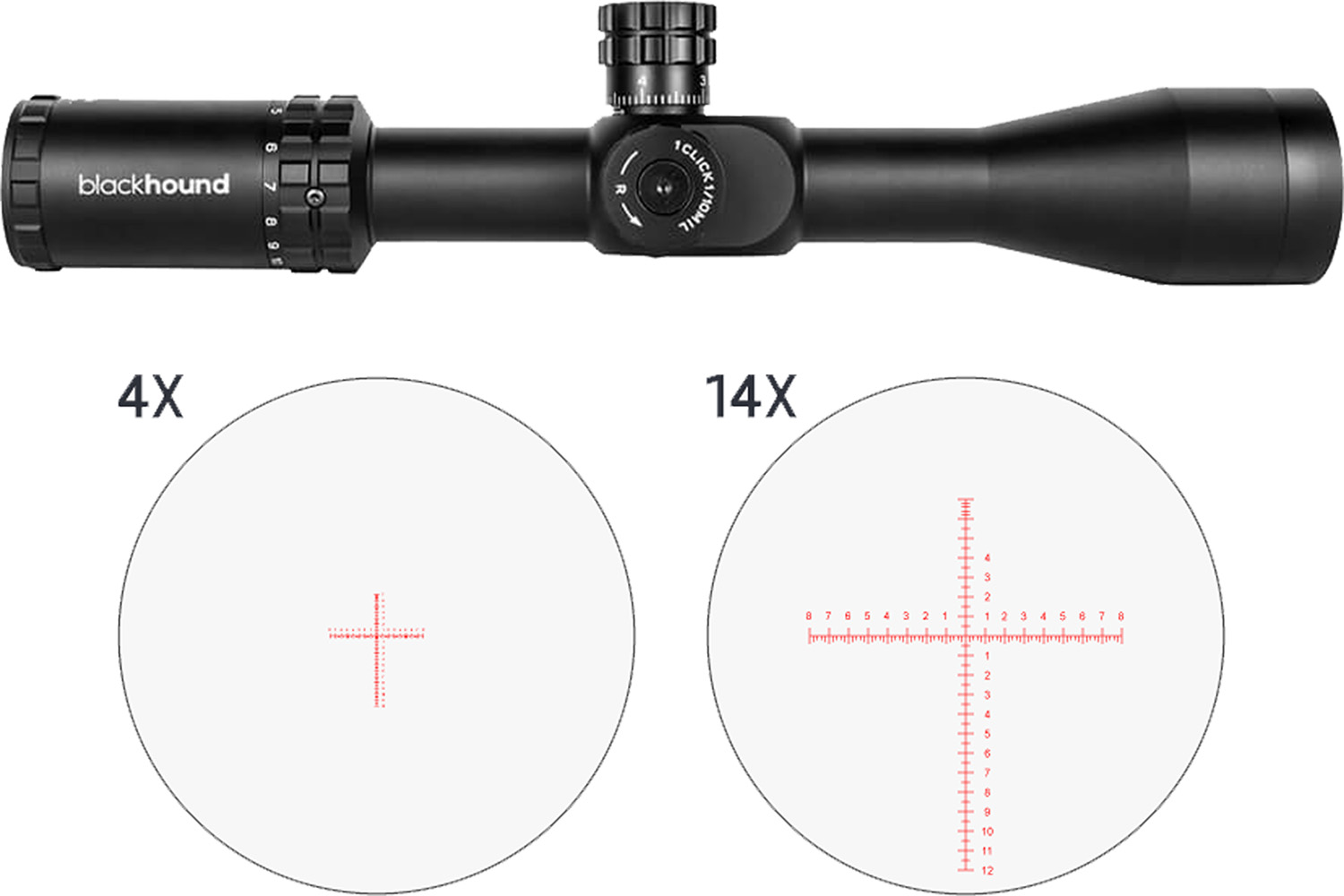 Blackhound rifle scope with 4x and 14x reticles