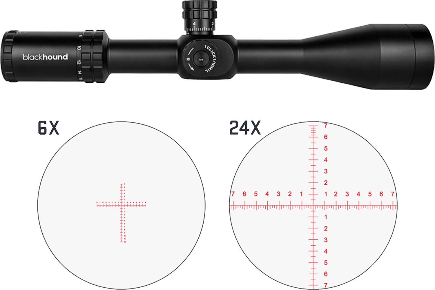 Blackhound rifle scope with 6x and 24x reticles