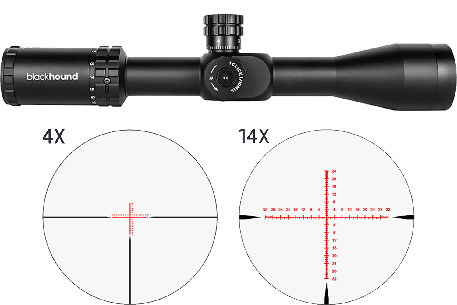 Blackhound rifle scope with 4x and 14x reticles
