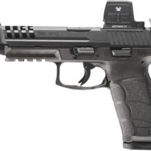Black semi-automatic pistol with mounted red dot sight