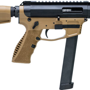 Tan and black compact firearm with extended magazine