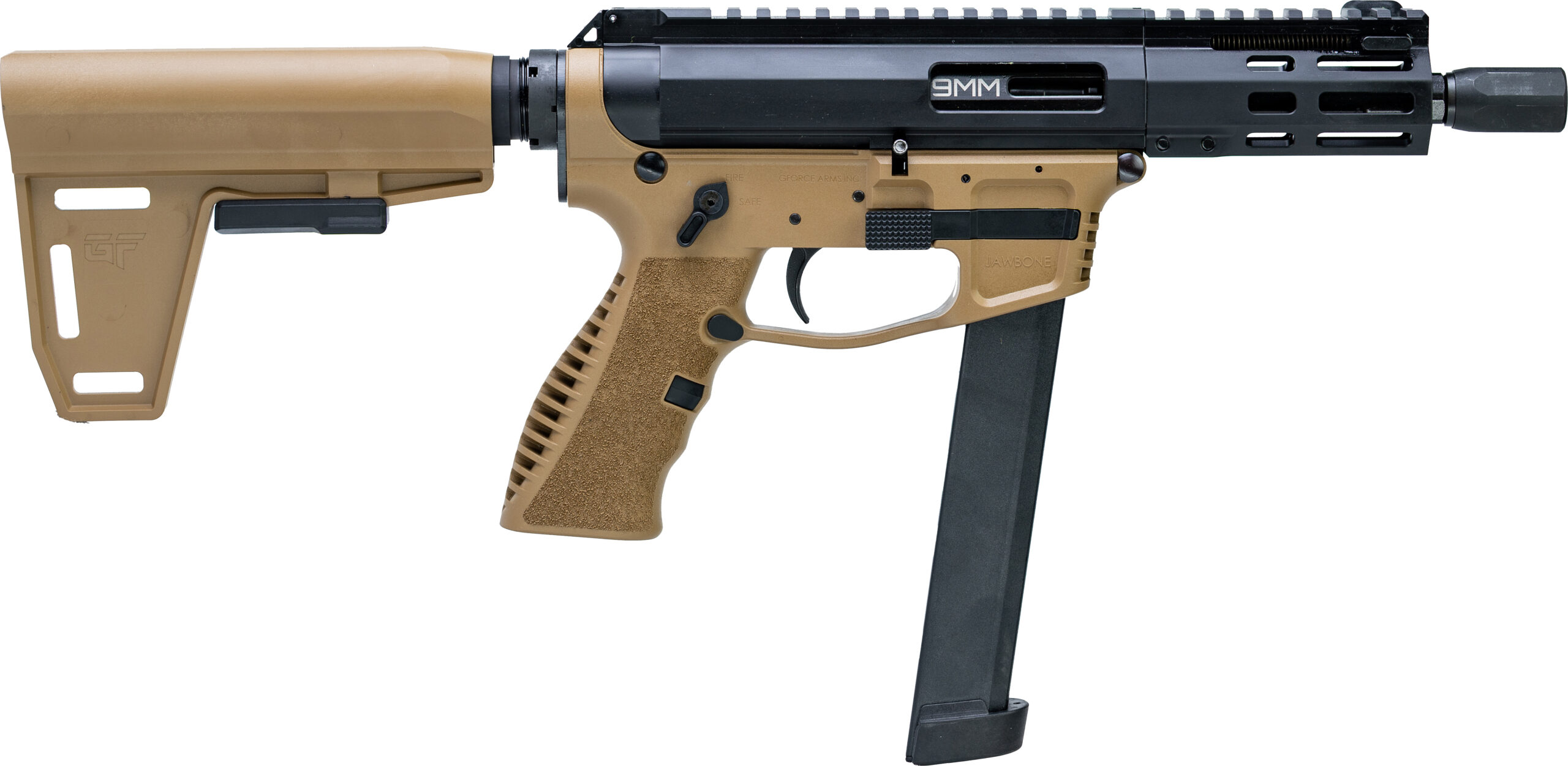 Tan and black compact firearm with extended magazine