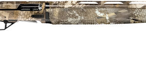 Camouflage-patterned semi-automatic shotgun side view