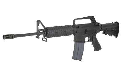 Black semi-automatic rifle on white background