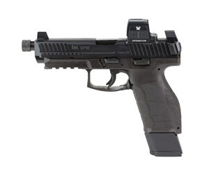 Black semi-automatic pistol with red dot sight
