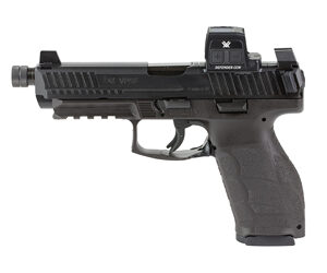 Black semi-automatic pistol with mounted red dot sight