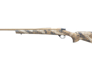 Camouflaged bolt-action hunting rifle on white background