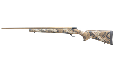 Camouflaged bolt-action hunting rifle on white background