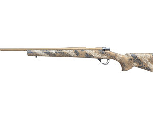Camouflage bolt-action rifle on white background