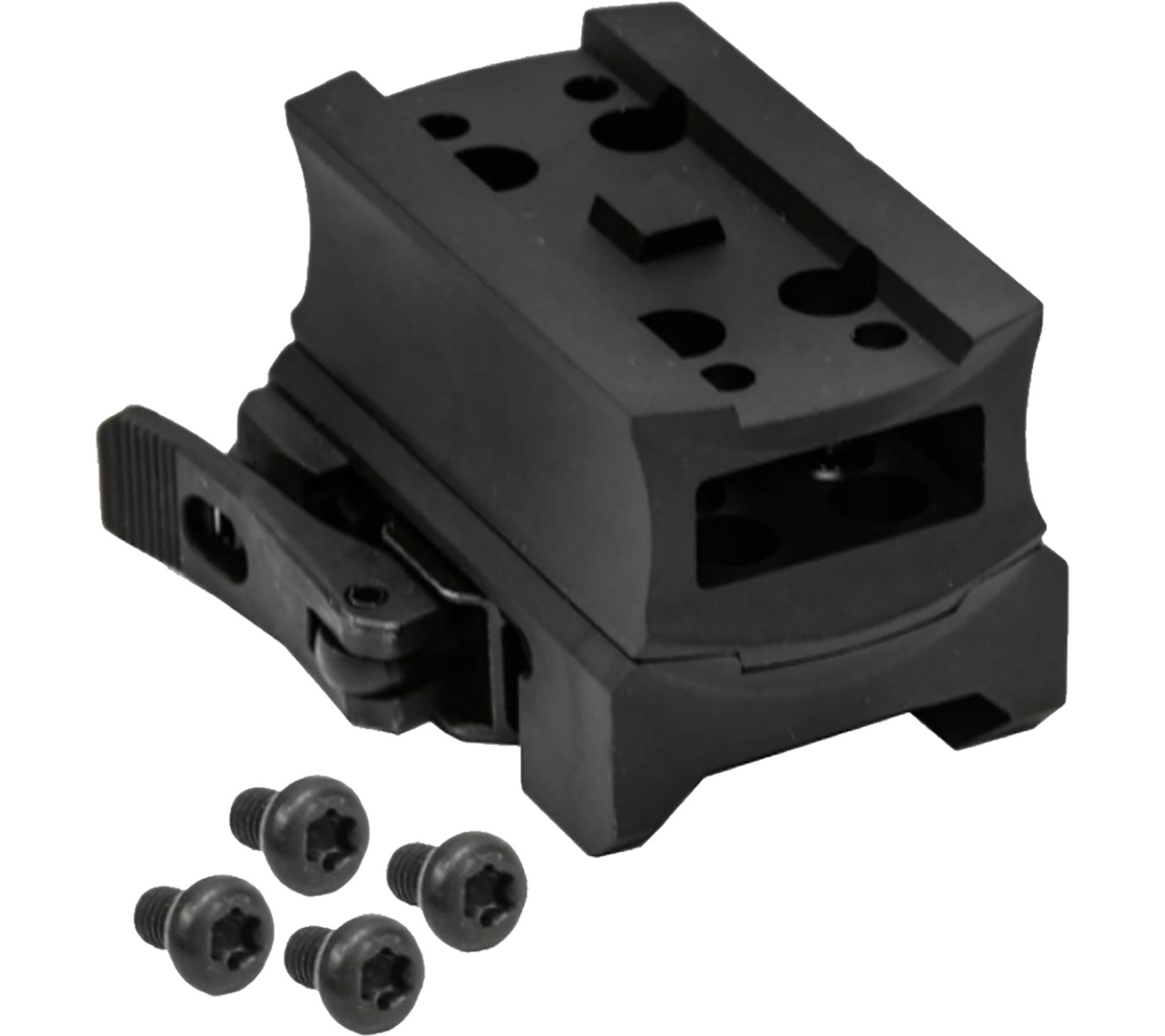 Black metal optic mount with screws