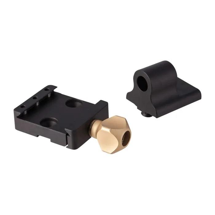 Black metal mounting components with gold adjustment knob