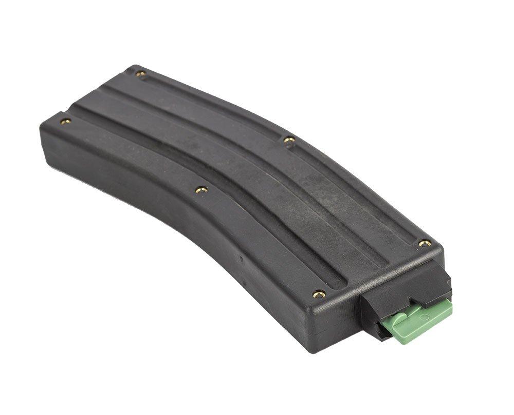 Black curved rifle magazine on white background