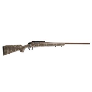 Bolt-action rifle with camouflage stock on white background