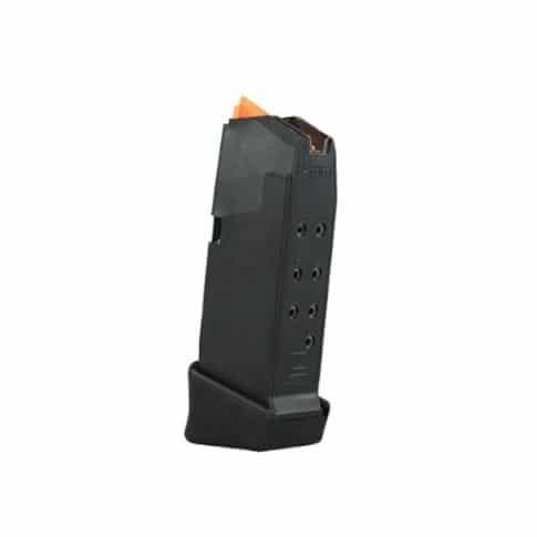 Black handgun magazine with orange follower