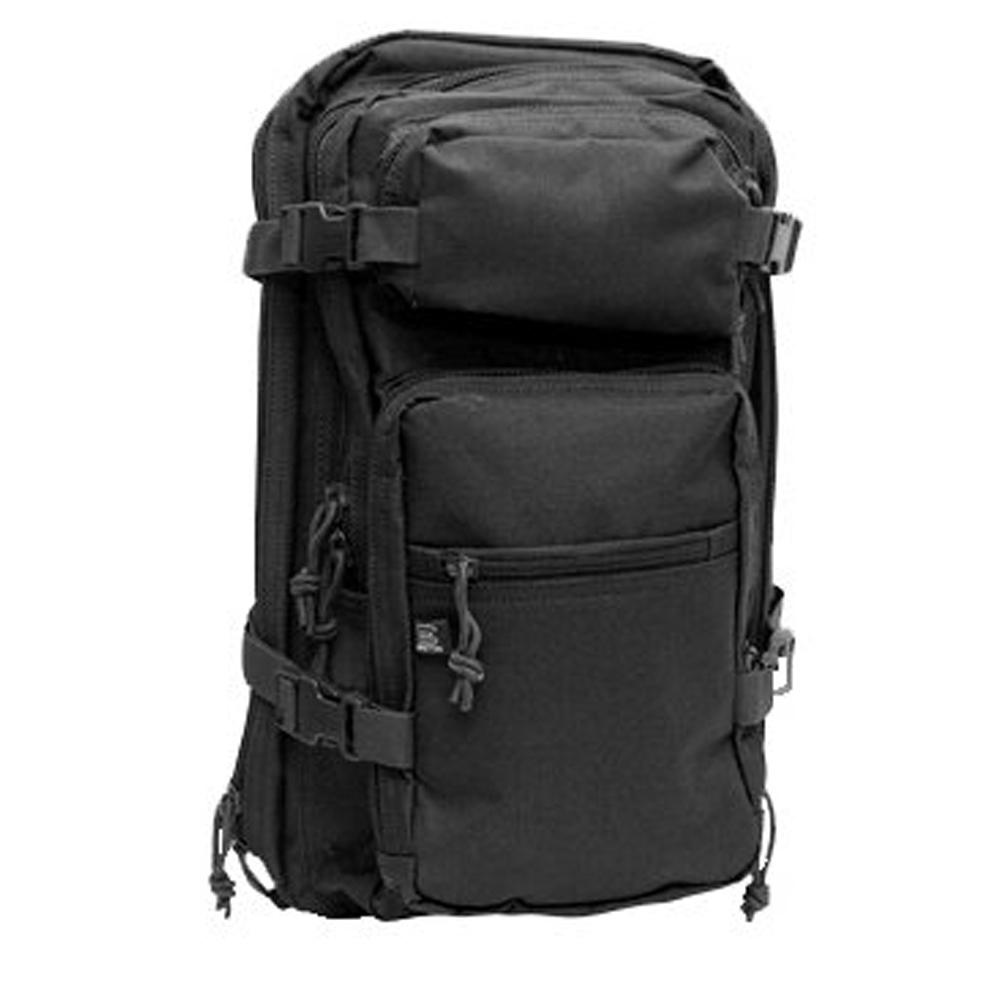 Black tactical backpack with multiple compartments