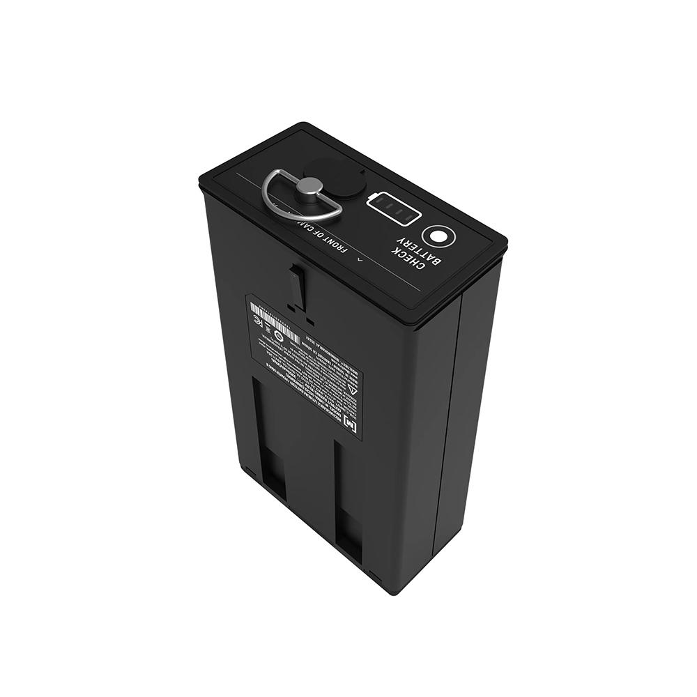 Black rectangular camera battery with handle