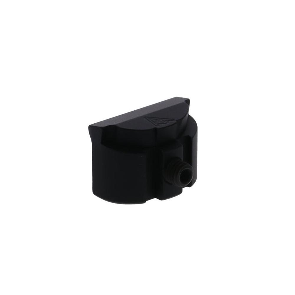 Black plastic cap with threaded side nozzle