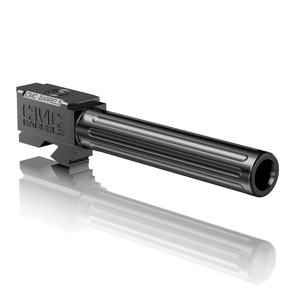 Fluted black pistol barrel on reflective surface