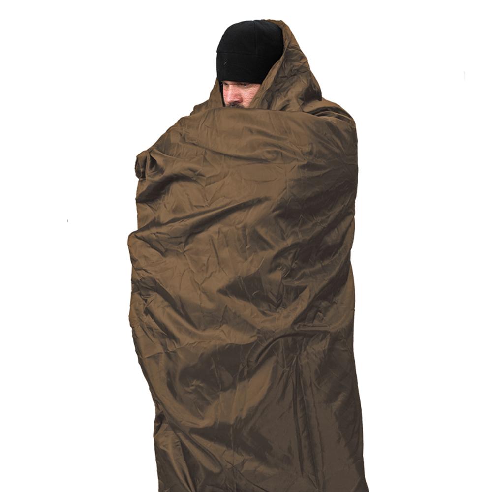 Man wrapped in brown sleeping bag