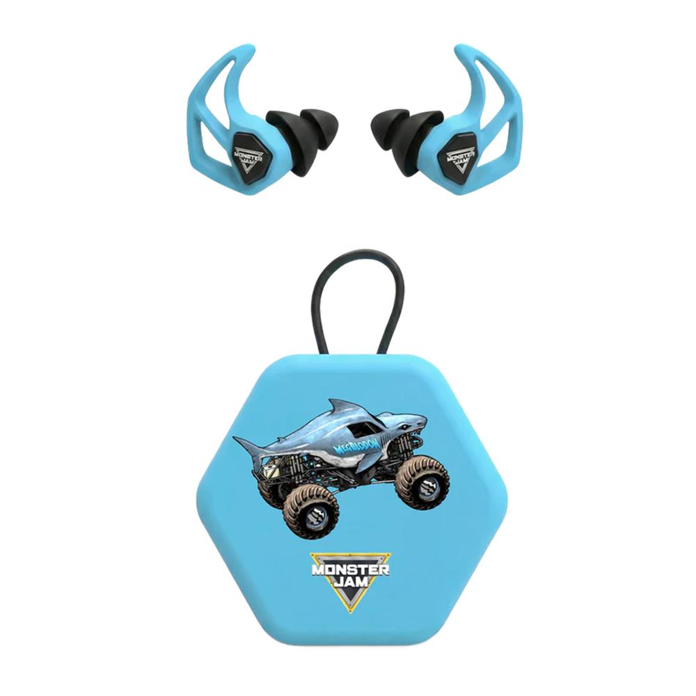 Blue Monster Jam earplugs with Megalodon case