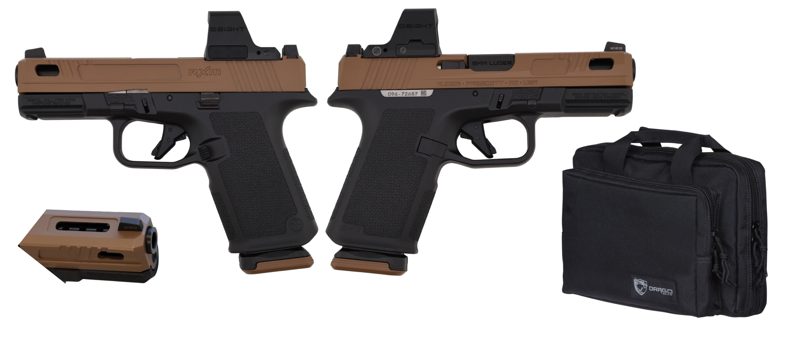 Two semi-automatic pistols with red dot sights