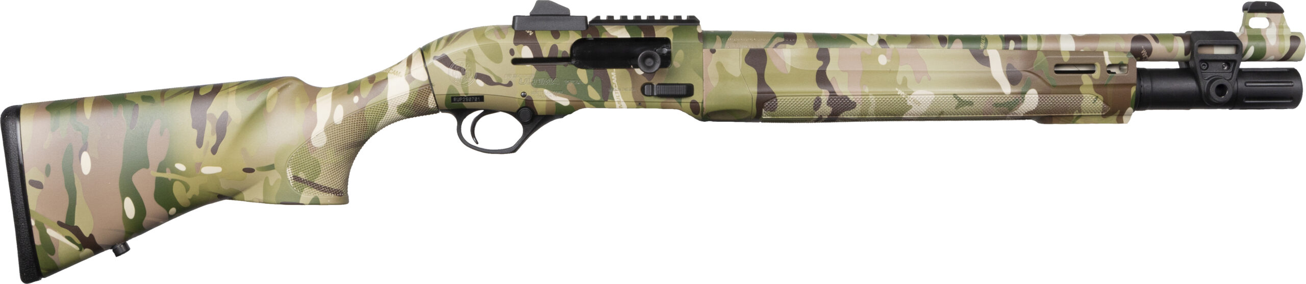 Camouflage pump-action shotgun on white background