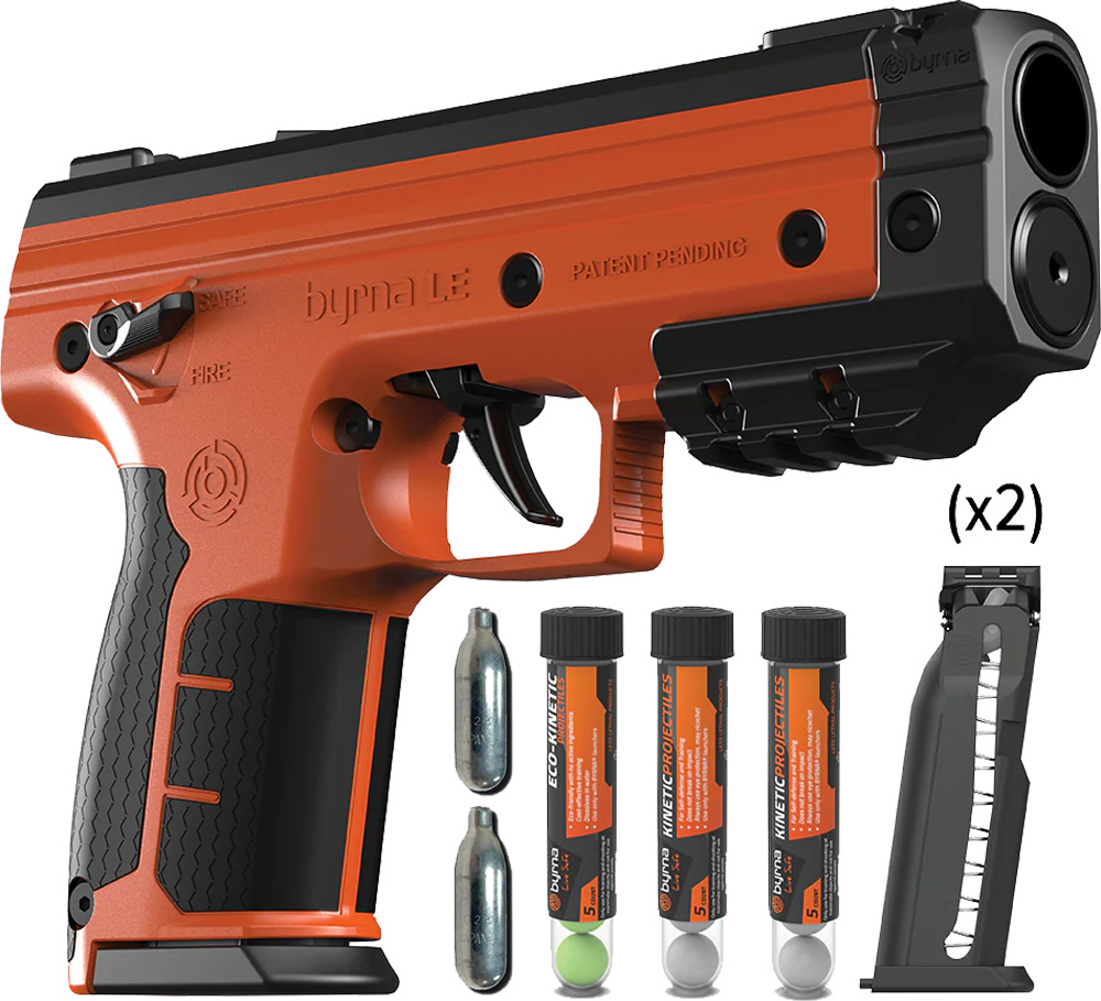 Orange and black Byrna LE launcher with accessories