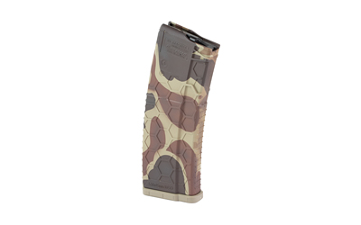 Camouflage-patterned rifle magazine on white background