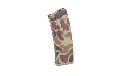 Camouflage-pattern rifle magazine on white background