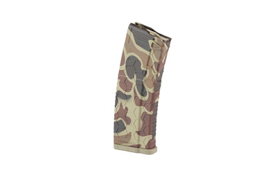 Camouflage rifle magazine on white background