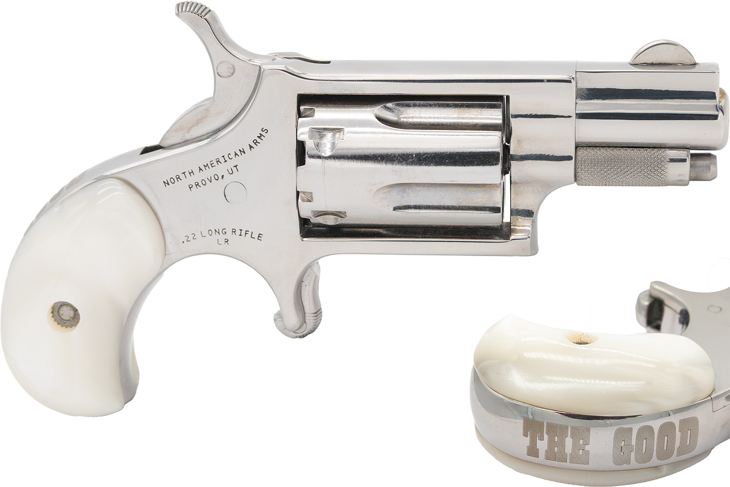 Mini .22 revolver with white grips and buckle