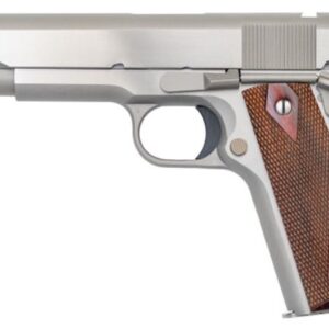 Stainless steel semi-automatic pistol with wooden grip panels