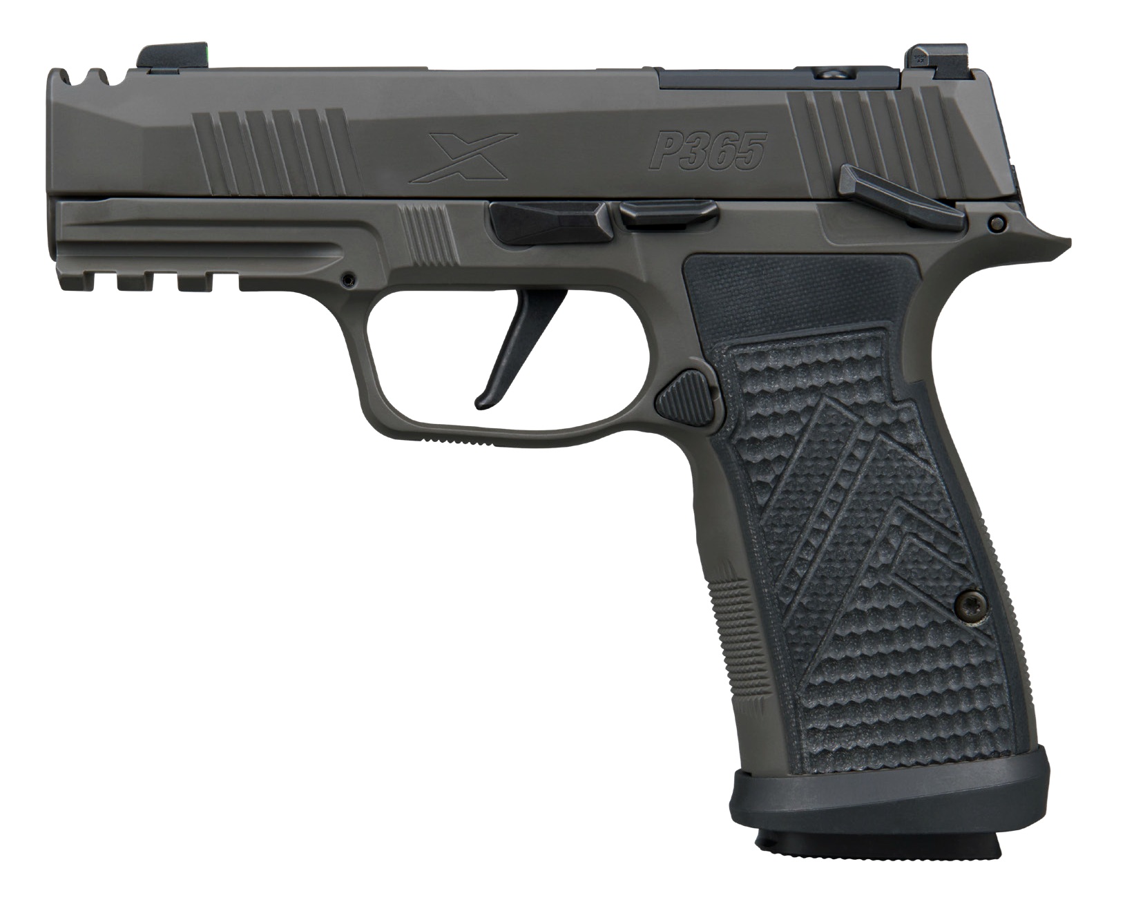 Compact semi-automatic handgun side view on white background
