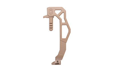 Tan machined metal rifle accessory with cutouts