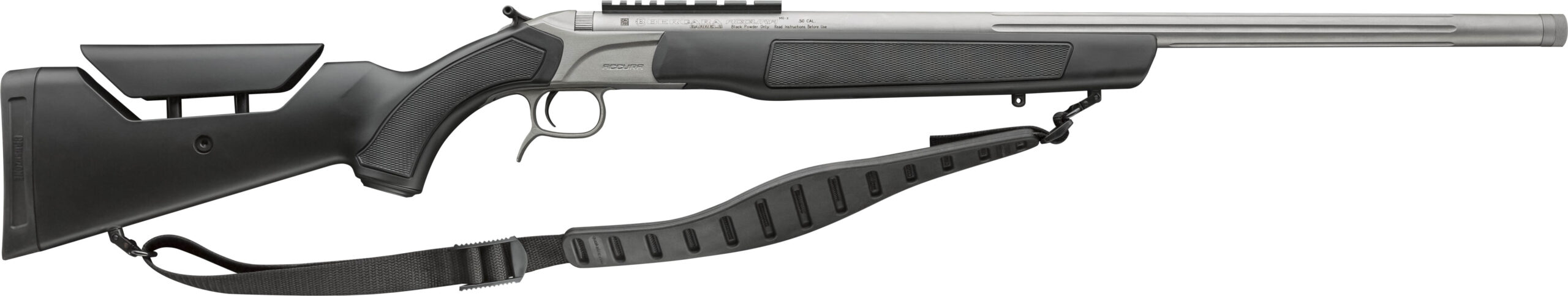 Black and silver rifle with shoulder sling