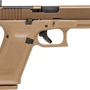 Tan and black semi-automatic handgun on white