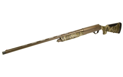 Camouflage pump-action shotgun on white background