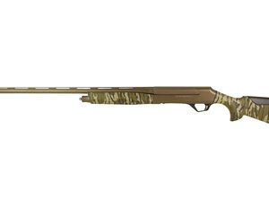Camouflage pump-action shotgun on white background