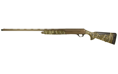 Camouflage pump-action shotgun on white background