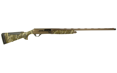 Camouflage semi-automatic shotgun on white background