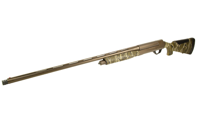 Camouflage pump-action shotgun on white background