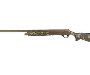 Camouflage pump-action shotgun on white background