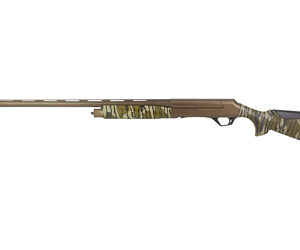 Camouflage pump-action shotgun on white background